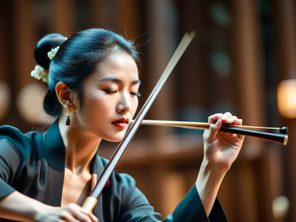 Las hábiles manos de un músico interpretando el Erhu chino, capturando la emoción de la música tradicional china y su significado cultural