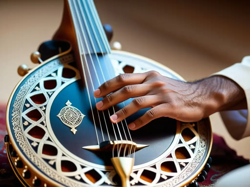 Las hábiles manos de un músico tocan el Rebab Árabe, reflejando su significado cultural en una atmósfera cautivadora