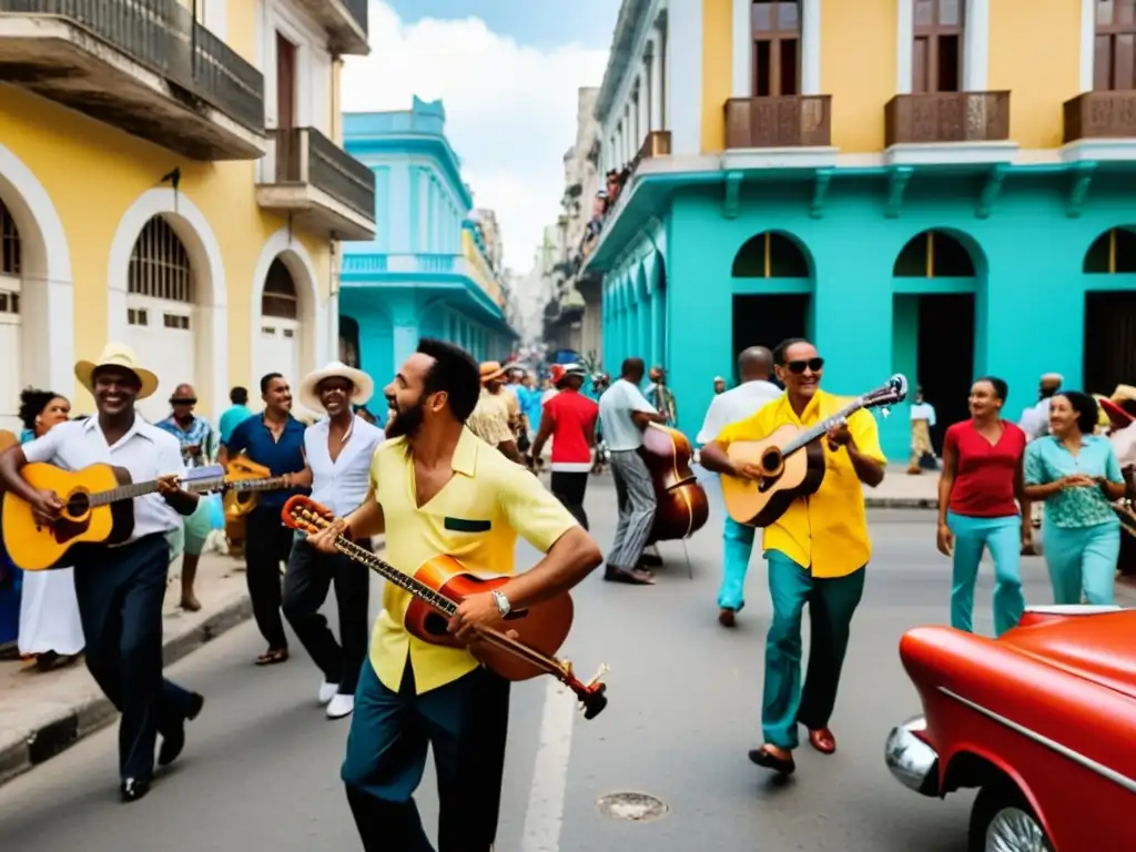 Herencia africana en la rumba cubana: Músicos cubanos interpretan rumba en una bulliciosa calle de La Habana, rodeados de una multitud vibrante