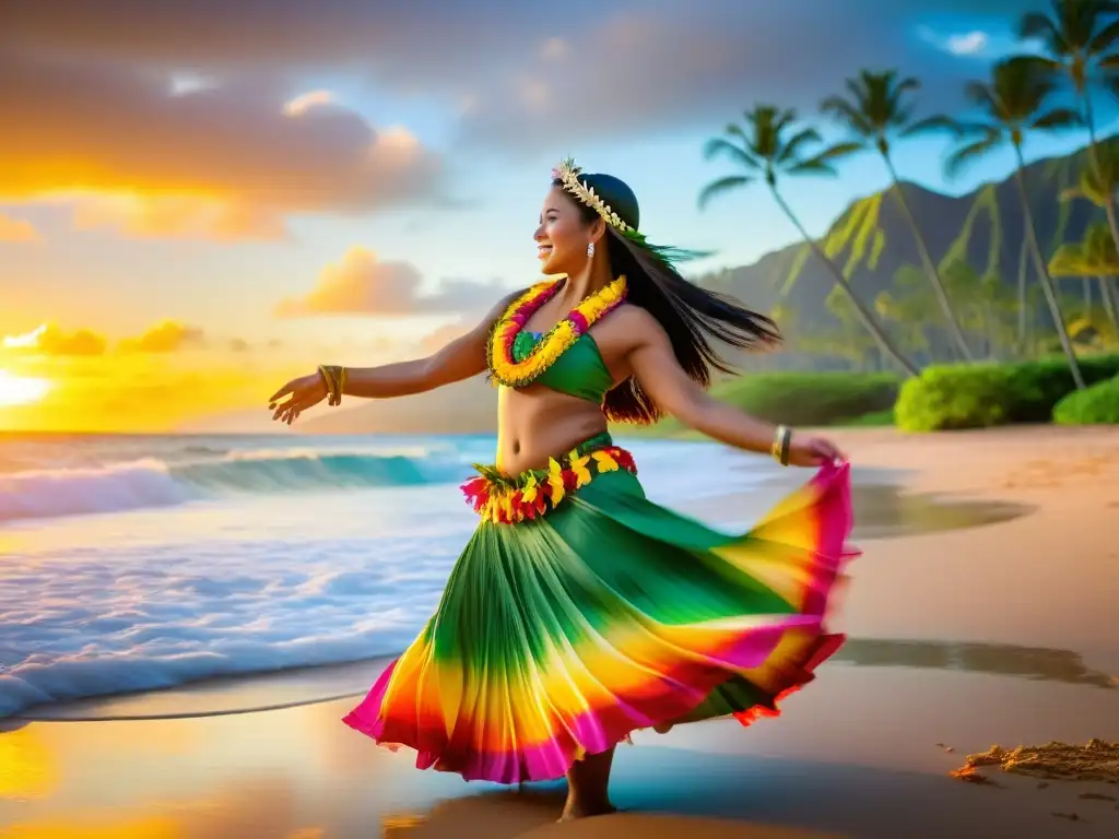 Una hermosa bailarina de hula hawaiano danzando al atardecer en una playa, transmitiendo la riqueza cultural y la historia del Hula Hawaiano