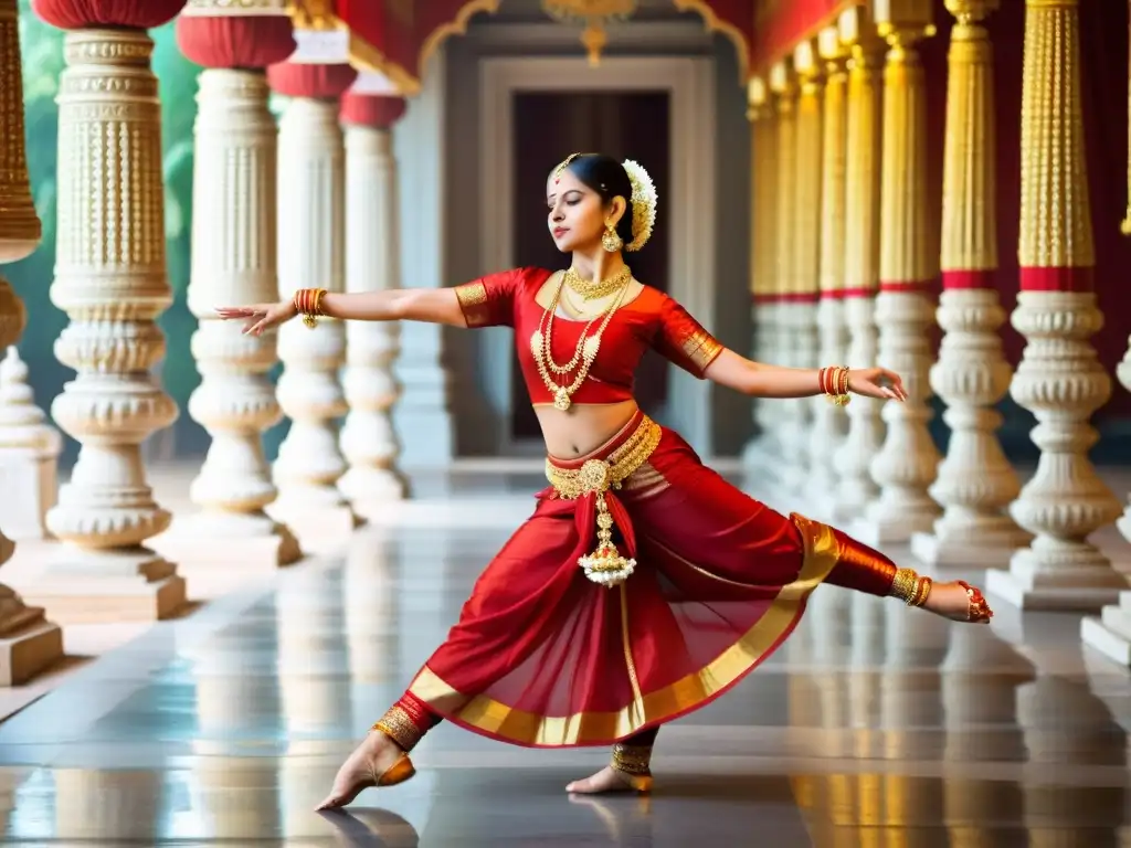 Una hermosa danza Odissi en un templo indio, con significado cultural del Odissi en India