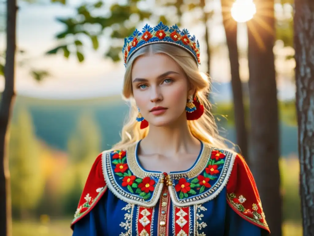 Una hermosa estética eslava indumentaria folklórica con bordados florales en rojo, azul y dorado, enmarcada por un halo de luz cálida