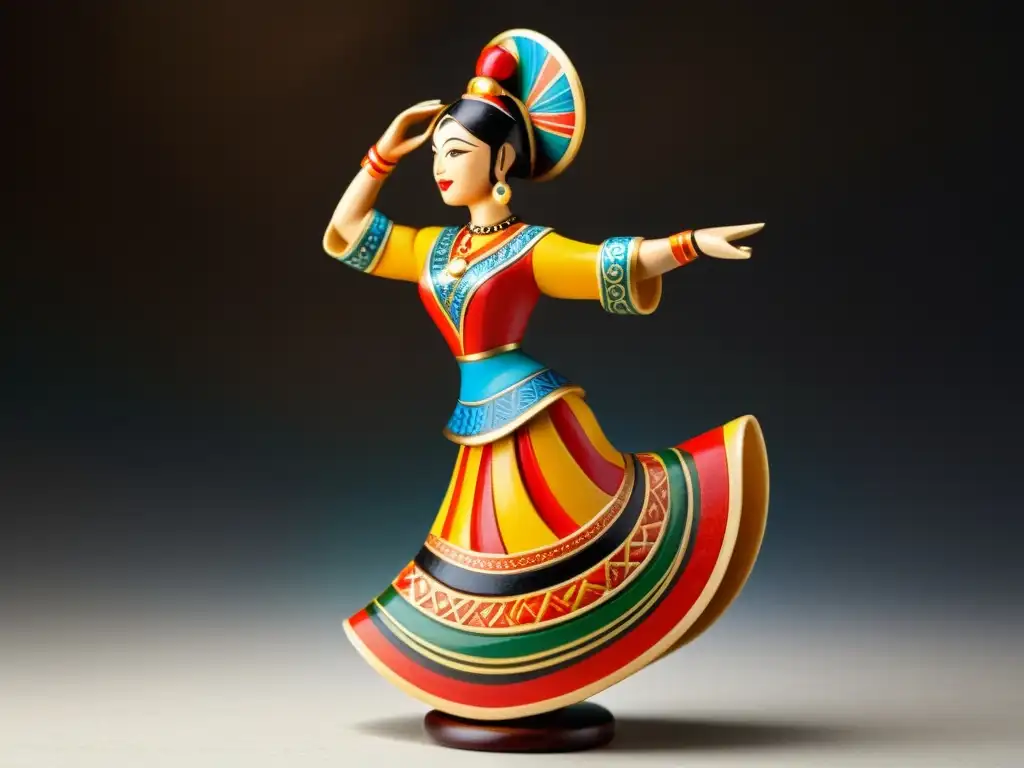 Una hermosa figurilla de madera tallada a mano representa a una bailarina tradicional en vibrantes colores y patrones, exudando gracia y energía