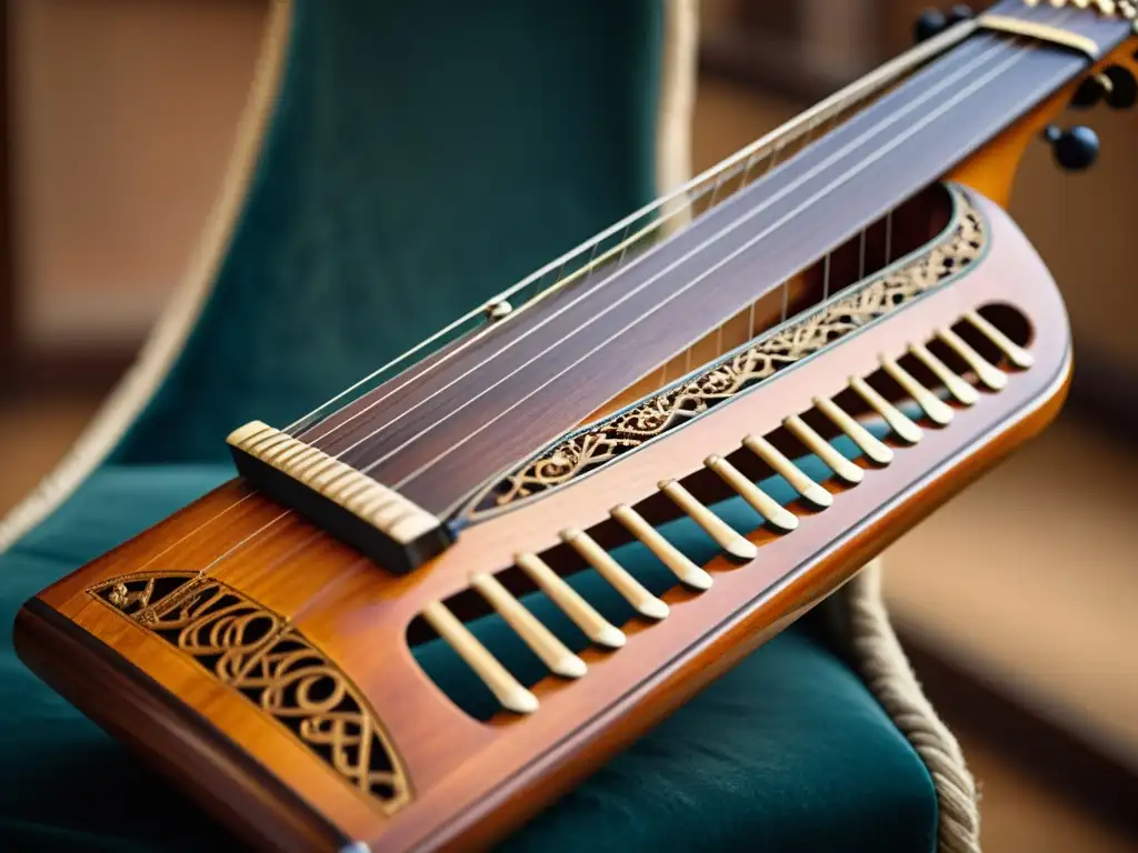 Una hermosa nyckelharpa sueca con intrincados grabados de madera y una pátina envejecida