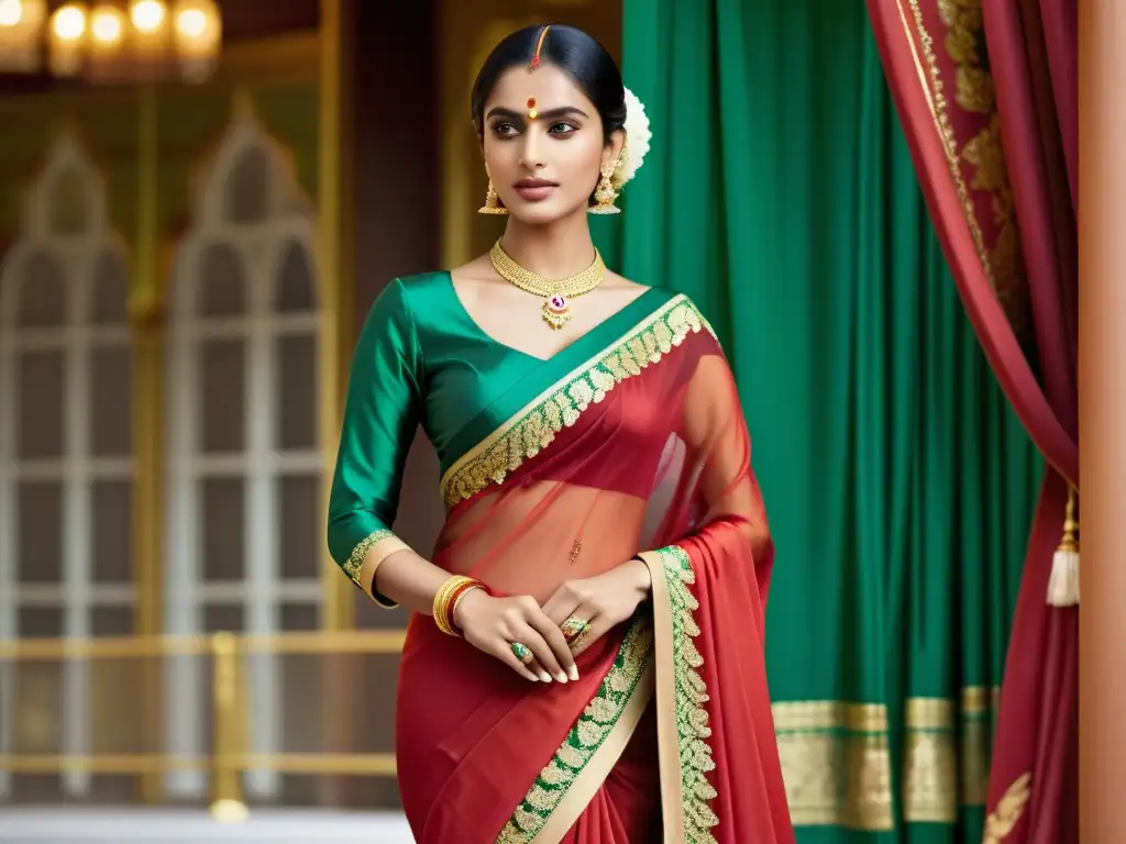 Una hermosa sari con motivos tradicionales de Sri Lanka en tonos rojos, dorados y verdes, bordados y con lentejuelas, complementada con joyas de oro