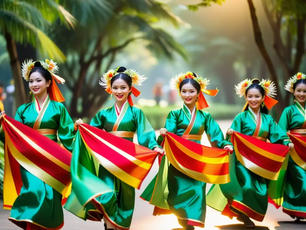 Hermosas bailarinas vietnamitas danzando con gracia y coloridos trajes, en un entorno natural