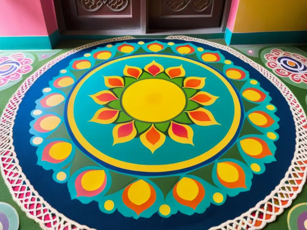 Un hermoso diseño alpana con vibrantes colores en el suelo de una casa bengalí, simbolizando el significado cultural de Pahela Baishakh