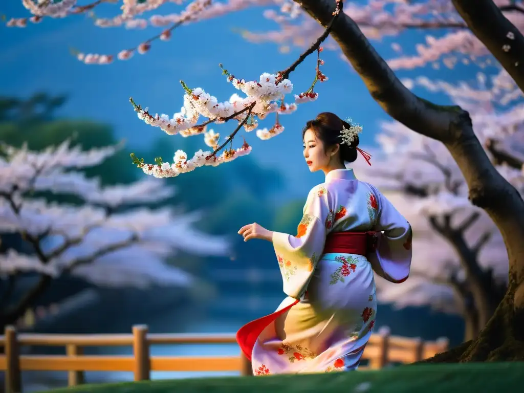 Un hermoso espectáculo de danzas tradicionales japonesas hanami bajo los cerezos en flor, iluminado por la suave luz de la luna