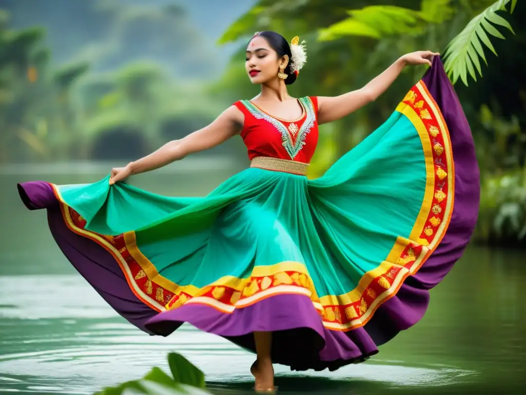 Un hermoso traje étnico sostenible en vibrantes colores, usado por una bailarina en movimiento, rodeado de naturaleza