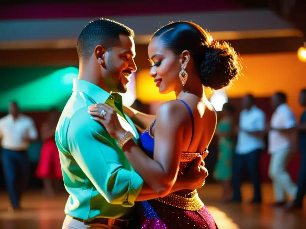 Historia bachata dominicana: Pareja bailando la Bachata Dominicana con pasión y destreza, vistiendo trajes tradicionales vibrantes