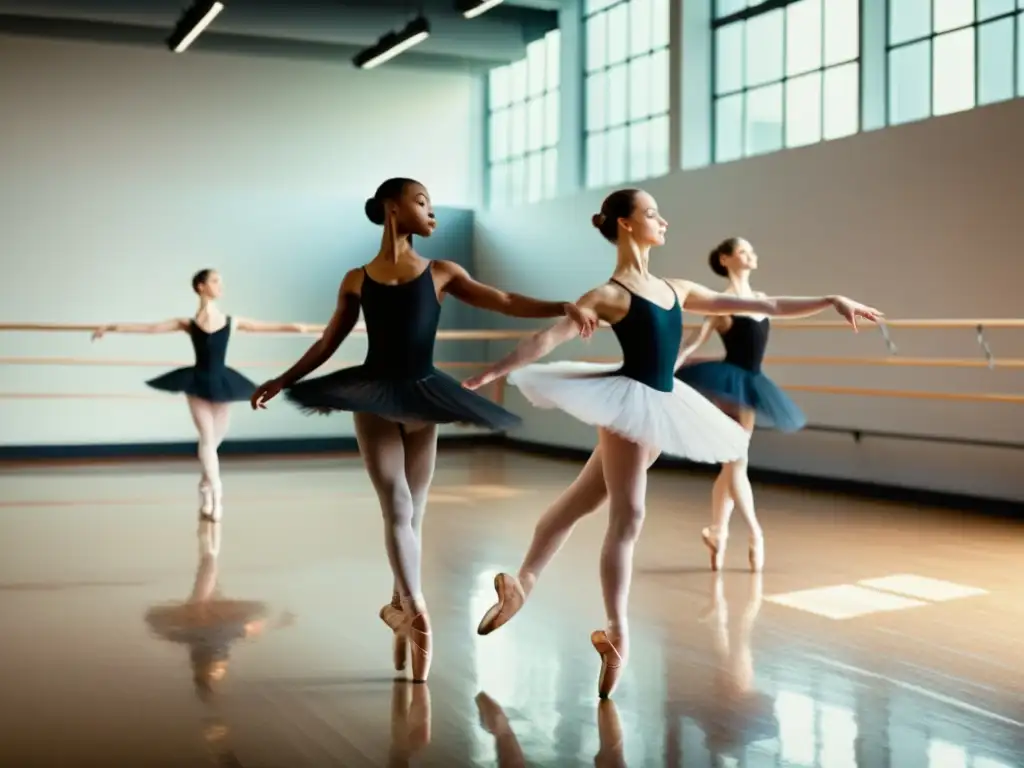 Historia del ballet clásico moderno: Grupo de bailarines practicando una rutina compleja en un estudio lleno de luz natural