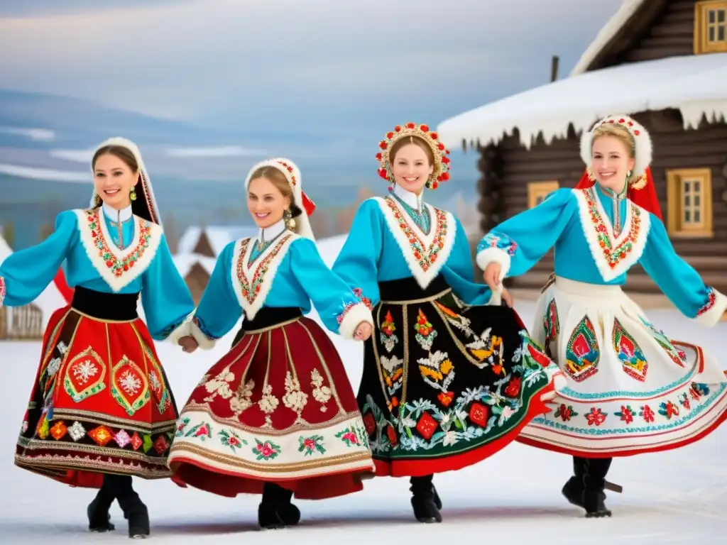 Historia y evolución de la danza folklórica rusa: Grupo de bailarines rusos tradicionales en trajes coloridos, danzando en una aldea nevada