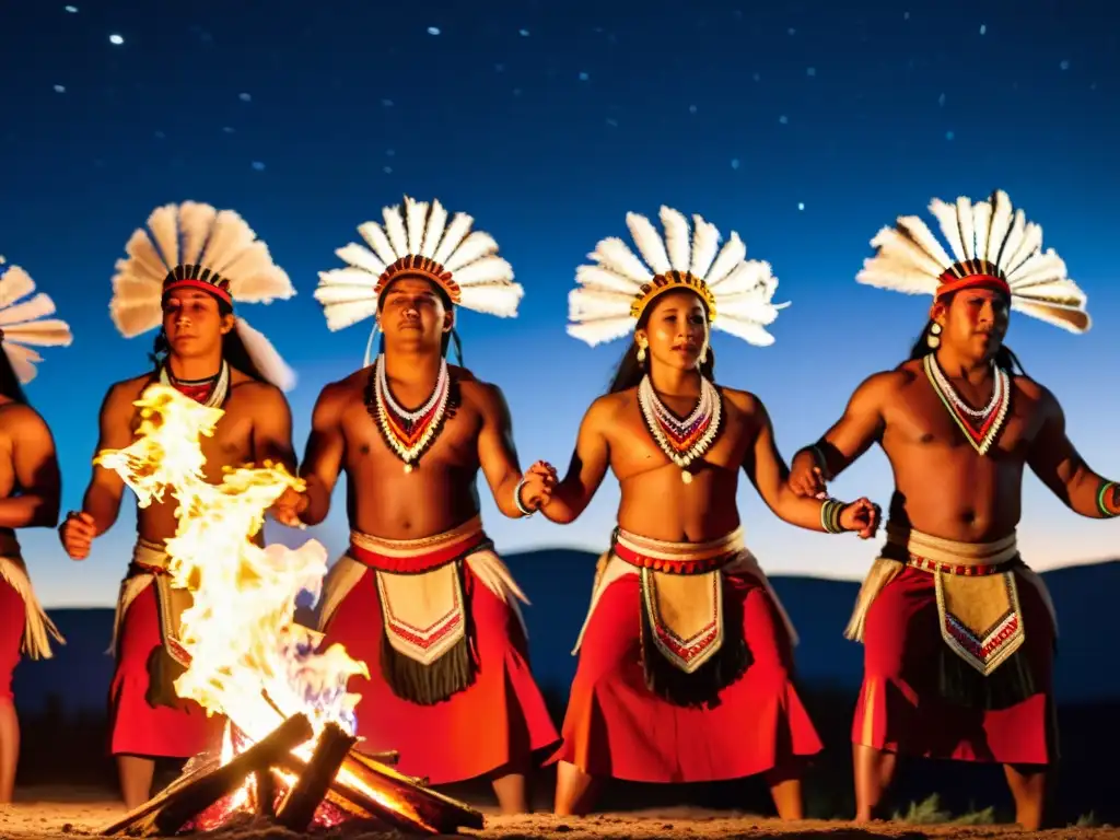 Historia de la danza tradicional: Bailarines indígenas honran su cultura alrededor de fogata bajo un cielo estrellado