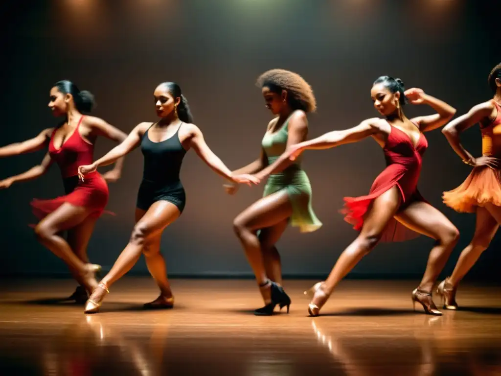 Historia de la salsa como baile: Bailarines ejecutan pasos de salsa con pasión en un estudio de baile, con sombras dramáticas y energía dinámica