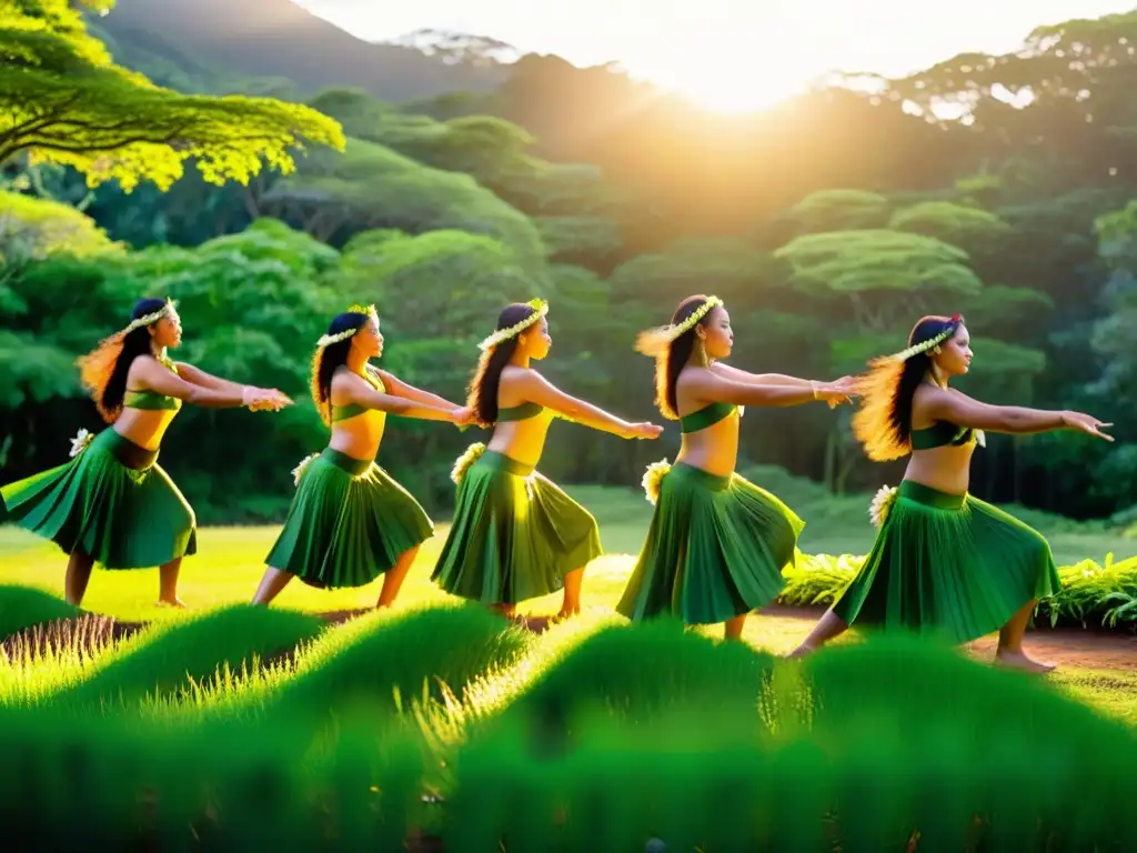 Historia y significado del Hula Kahiko: Grupo de bailarines de hula kahiko realizando una danza sagrada en un claro de un exuberante bosque, con el sol filtrándose a través de los árboles, bañando sus trajes intrincadamente tejidos en un cálido respland