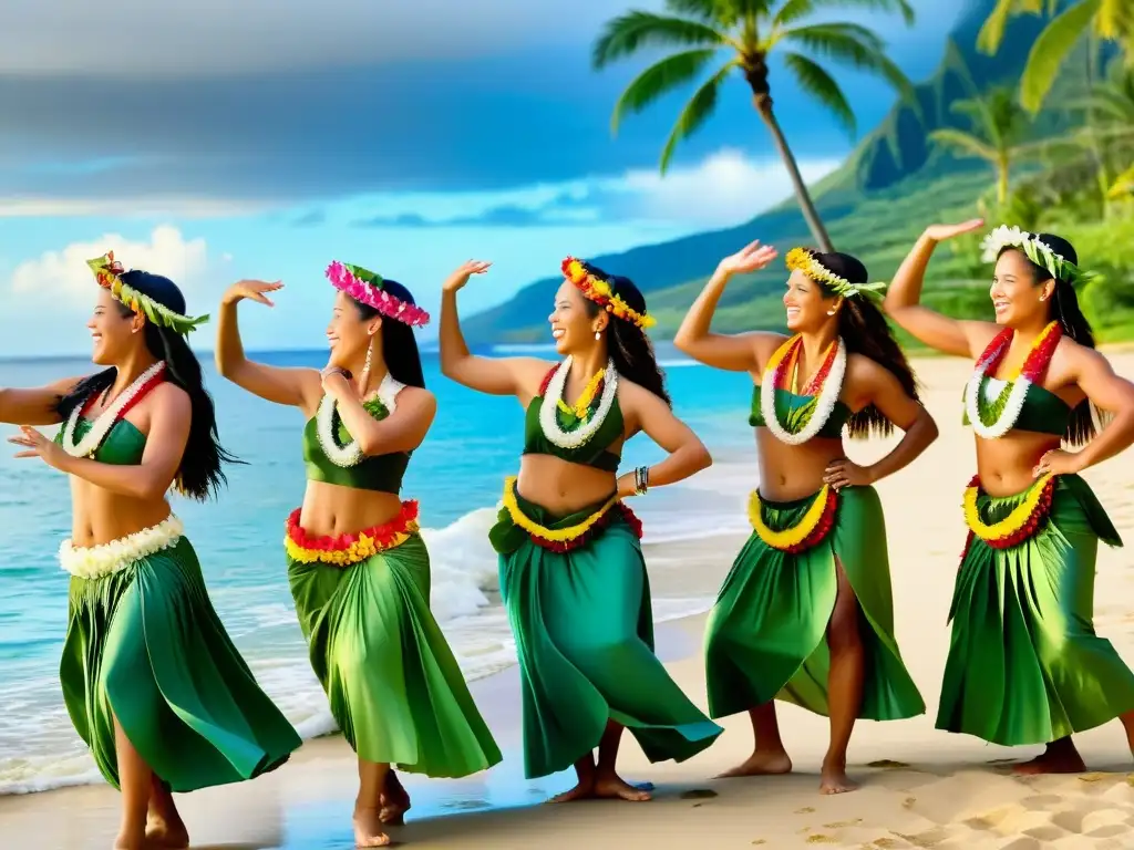 Historia y significado del Hula hawaiano: Grupo de bailarinas de hula con trajes tradicionales, danzando con gracia en un exuberante paisaje tropical