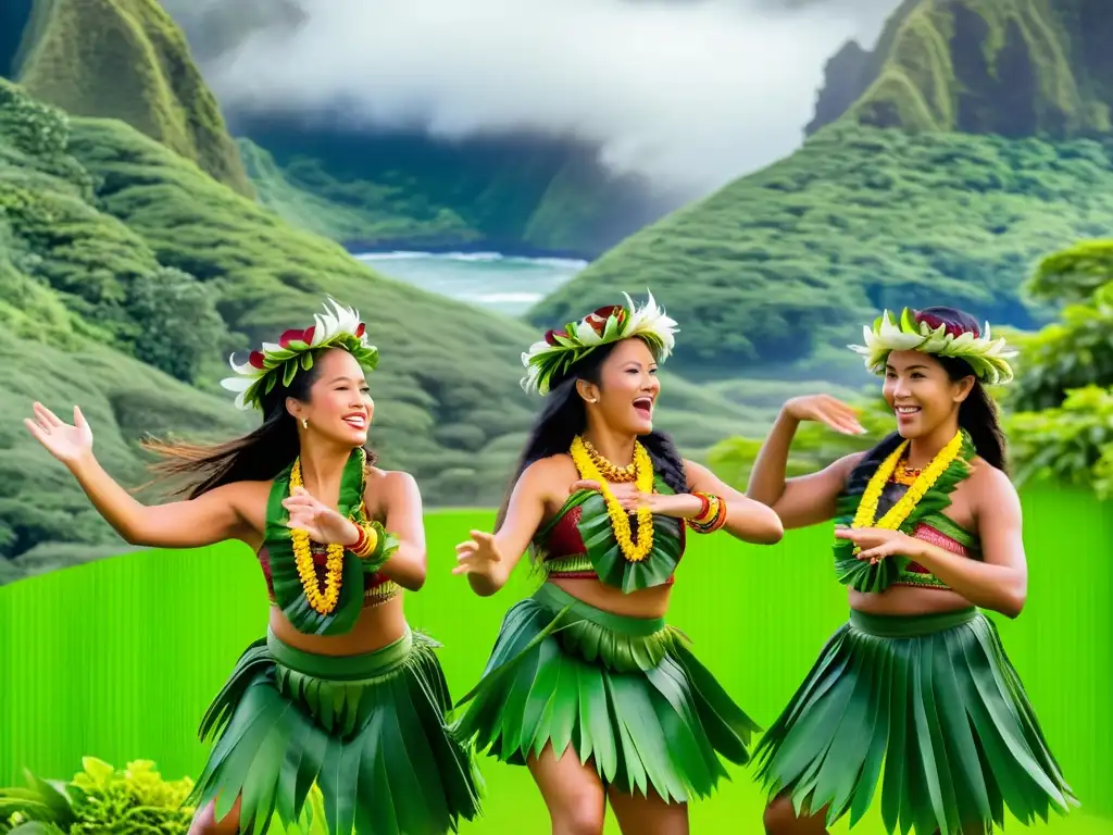 Historia y significado del Hula Kahiko: Majestuosa danza hula kahiko con coloridos trajes tradicionales en un entorno natural exuberante