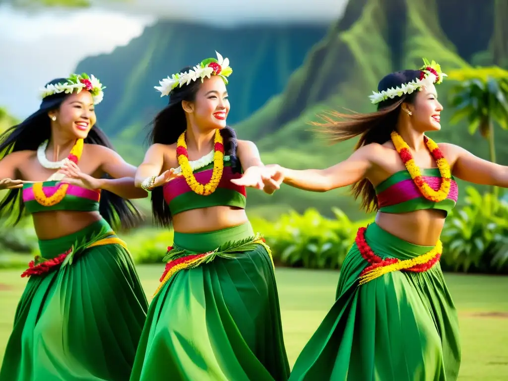 Historia y técnicas del Hula Hawaiano: Grupo de bailarinas hula en vestimenta tradicional, danzando con gracia en un exuberante paisaje tropical