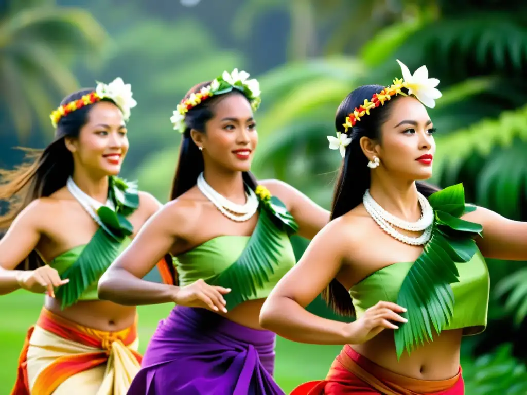 Historia y técnicas del Hula Hawaiano: Grupo de bailarinas de hula danzando con gracia y reverencia, en un entorno natural exuberante