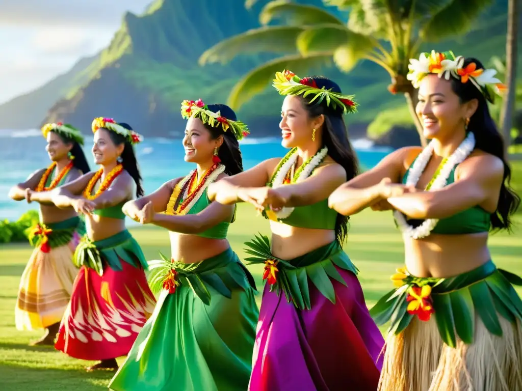 Historia y técnicas del Hula Hawaiano: Grupo de bailarinas hawaianas ejecutando una danza sagrada en un prado verde con vista al océano