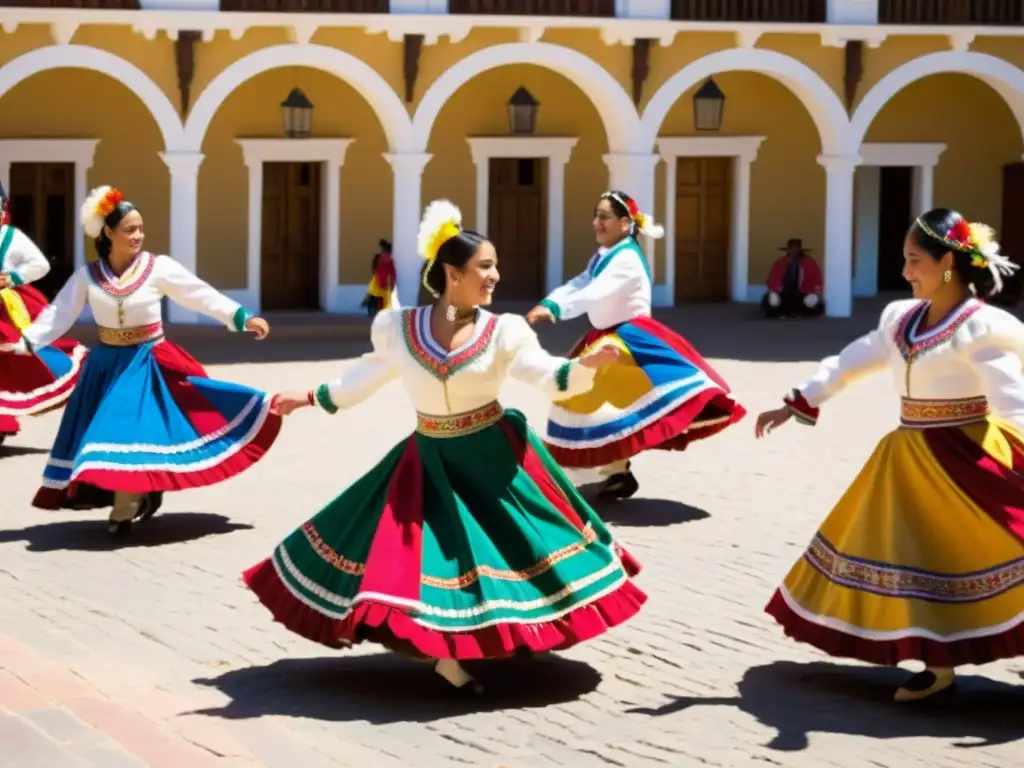 Interpretando historias detrás de la Cueca Chilena: Coloridos bailarines de cueca en un círculo animado, en una plaza colonial soleada