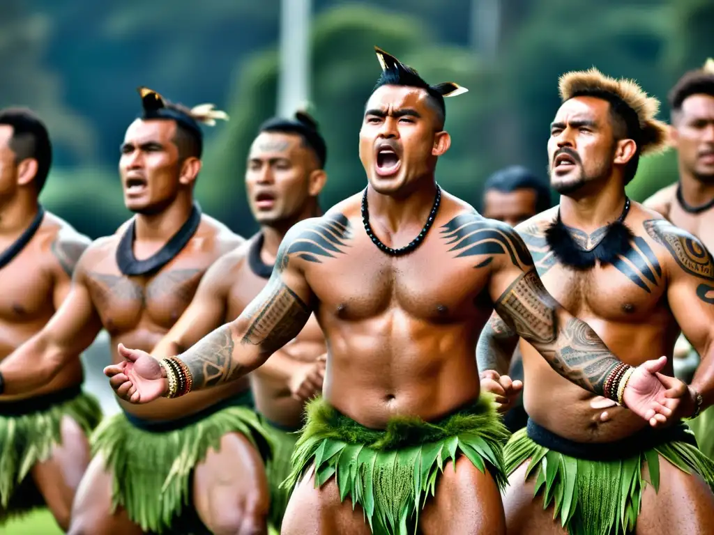 Hombres maoríes realizan el Haka con intensidad y fuerza, mostrando el significado cultural de esta danza tradicional maorí en el rugby