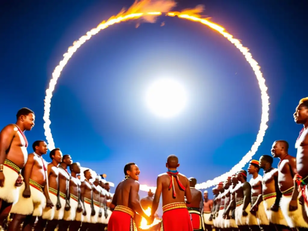 Hombres swazi danzando en círculo alrededor del fuego durante la Danza del Incwala en Eswatini, bajo el cielo estrellado