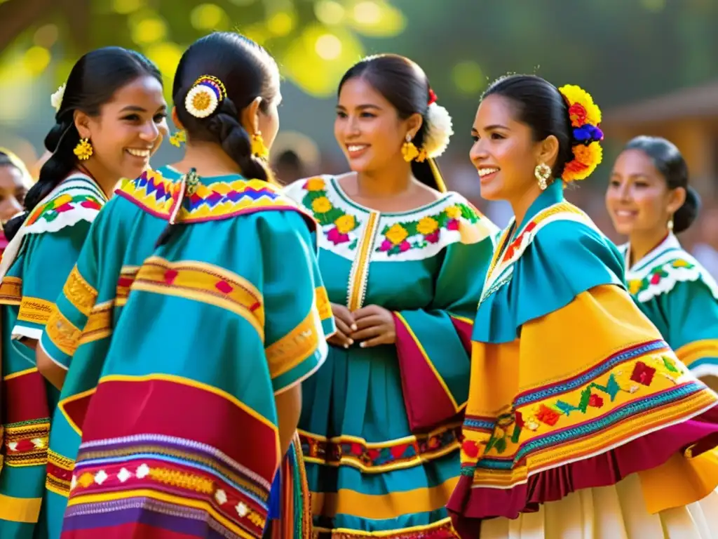 Huipiles vibrantes en la danza folklórica de Honduras, colores y patrones detallados crean un espectáculo fascinante bajo la cálida luz del sol