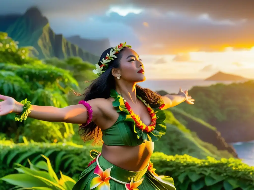 Una hula dancer tradicional en Hawai con expresión reverente, movimientos gráciles y atuendo auténtico