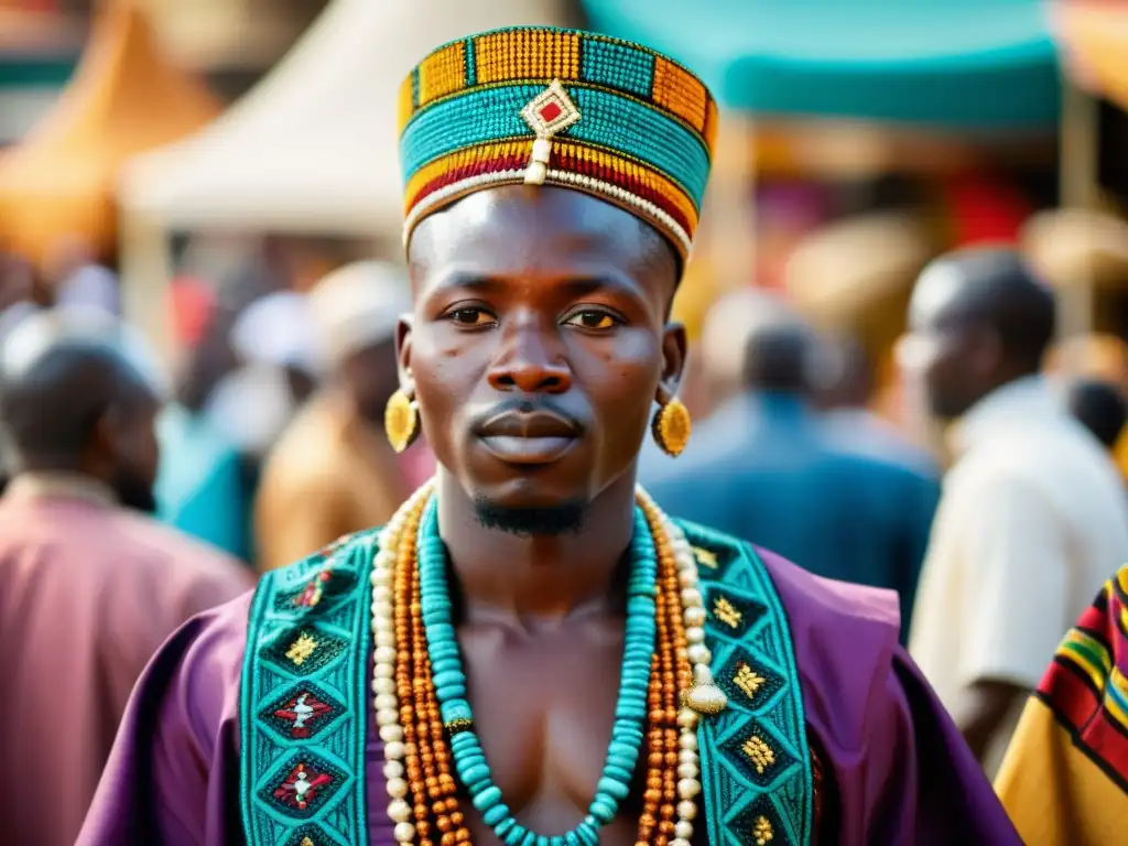 Imagen de líder africano con vestimentas distintivas en bullicioso mercado, exudando autoridad y orgullo cultural