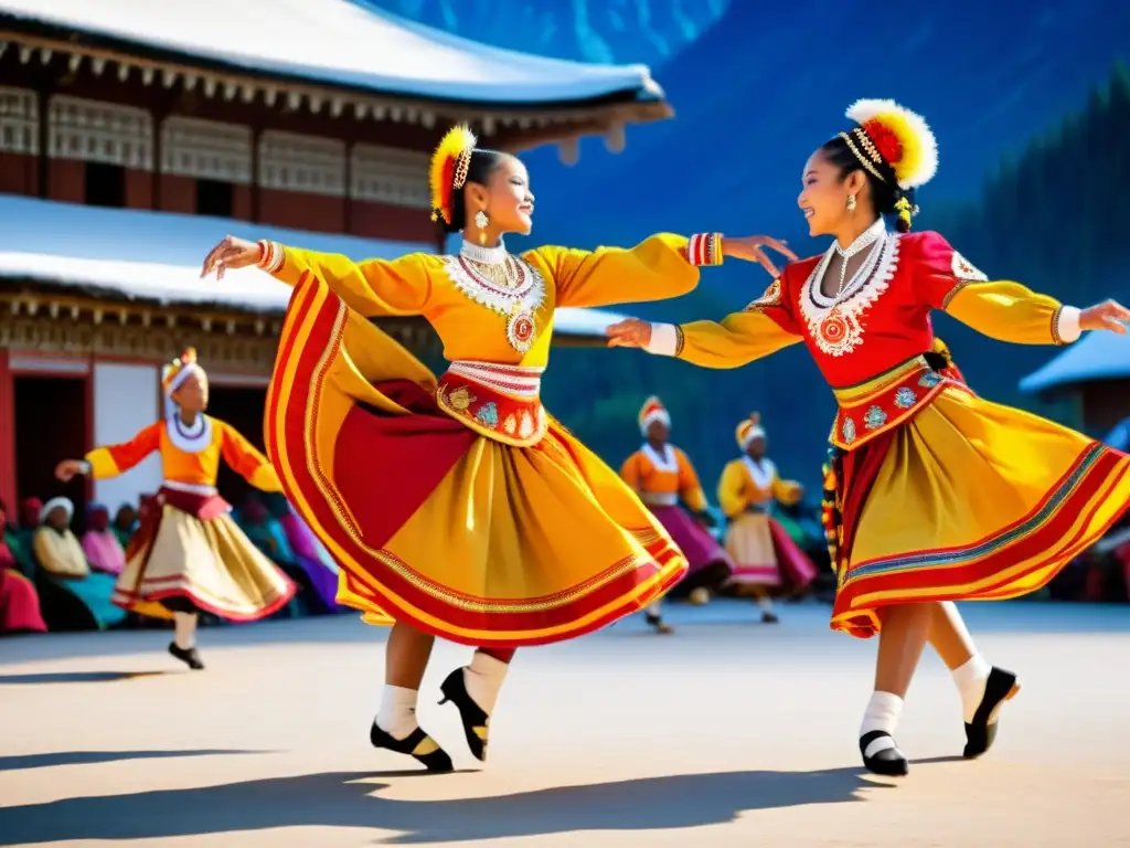 Imagen de alta calidad de danzas tradicionales con movimientos dinámicos y trajes vibrantes en un lugar culturalmente significativo