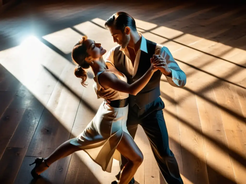 Imagen en alta resolución de apasionados bailarines de tango en un club, capturando la esencia de la sensualidad y el drama del tango