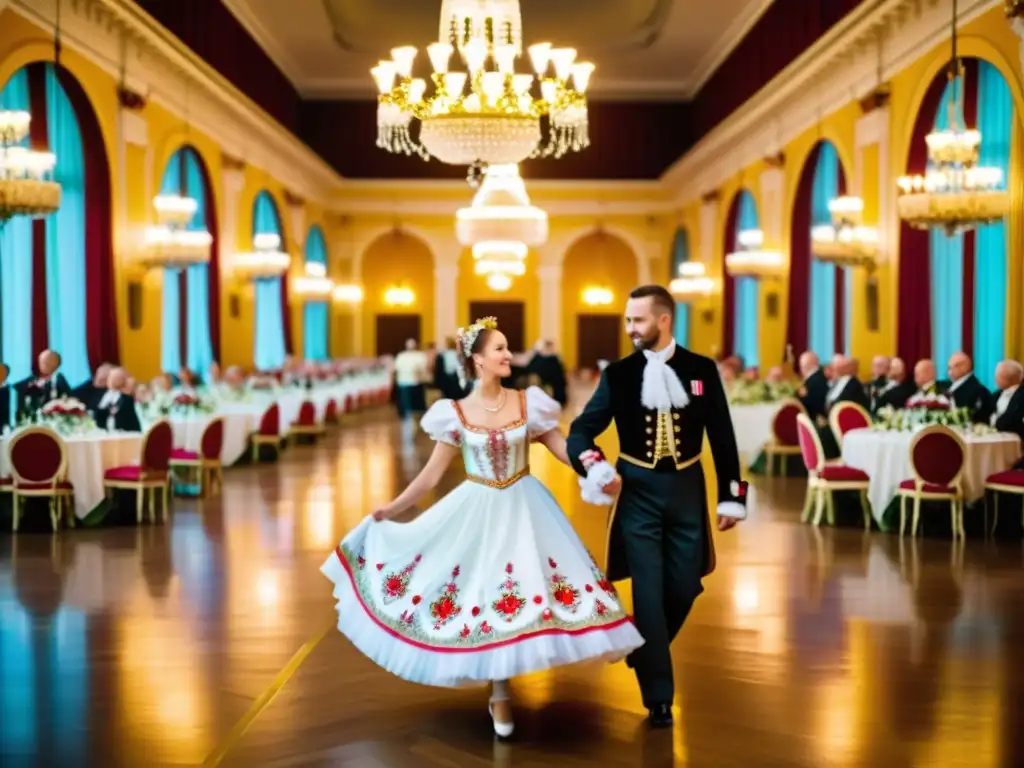 Una imagen de alta resolución capturando la elegancia y la historia de la tradicional danza polonesa en un lujoso salón de baile