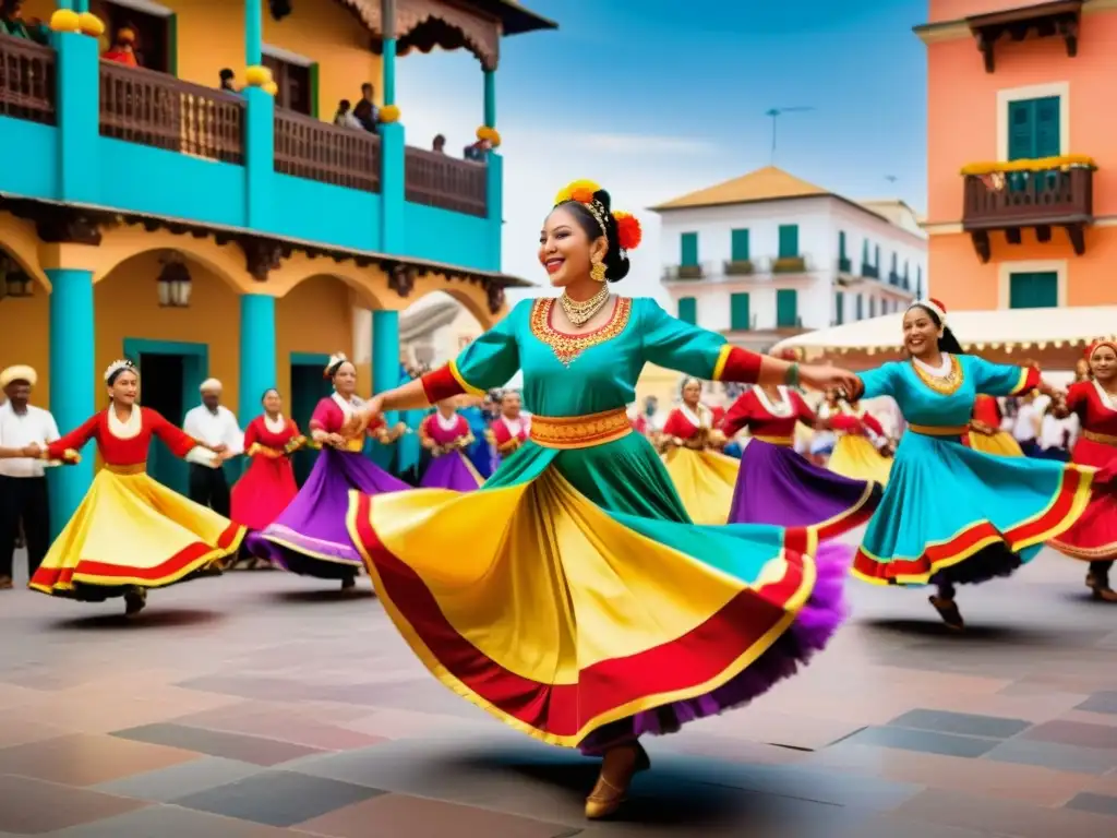 Imagen de una animada danza tradicional en una plaza llena de gente, con trajes coloridos y expresiones de alegría