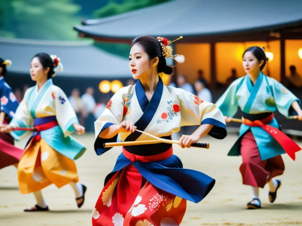 Imagen en 8k del animado festival japonés Bon Odori, capturando el significado cultural del Bon Odori y la energética atmósfera festiva con danzas sincronizadas y vestimenta tradicional detallada