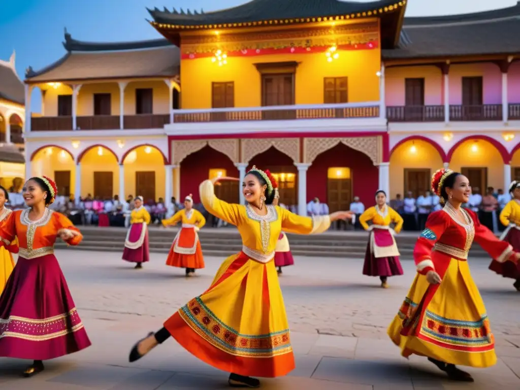 Imagen de un animado grupo de danza tradicional en una plaza, con coloridos trajes y expresiones alegres