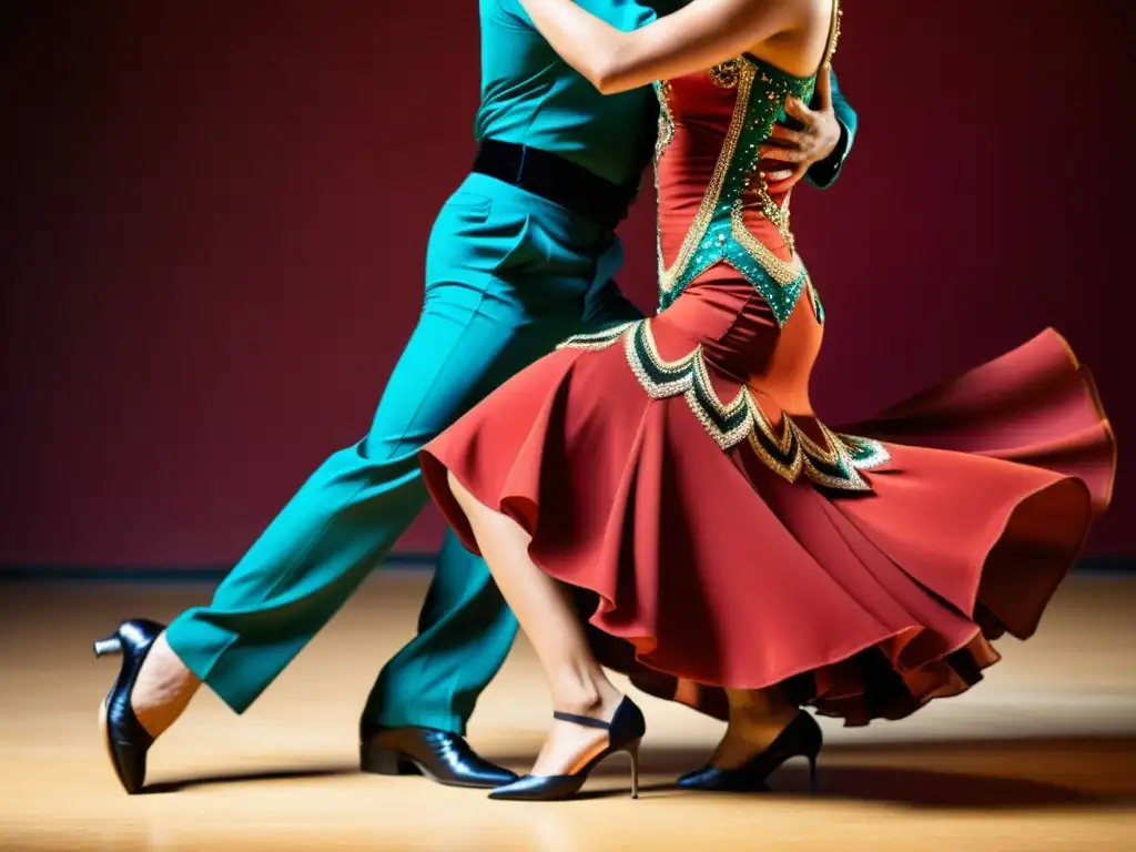 Imagen en 8k de un apasionado baile de tango argentino, destacando la influencia intercultural en el vibrante vestuario de los bailarines