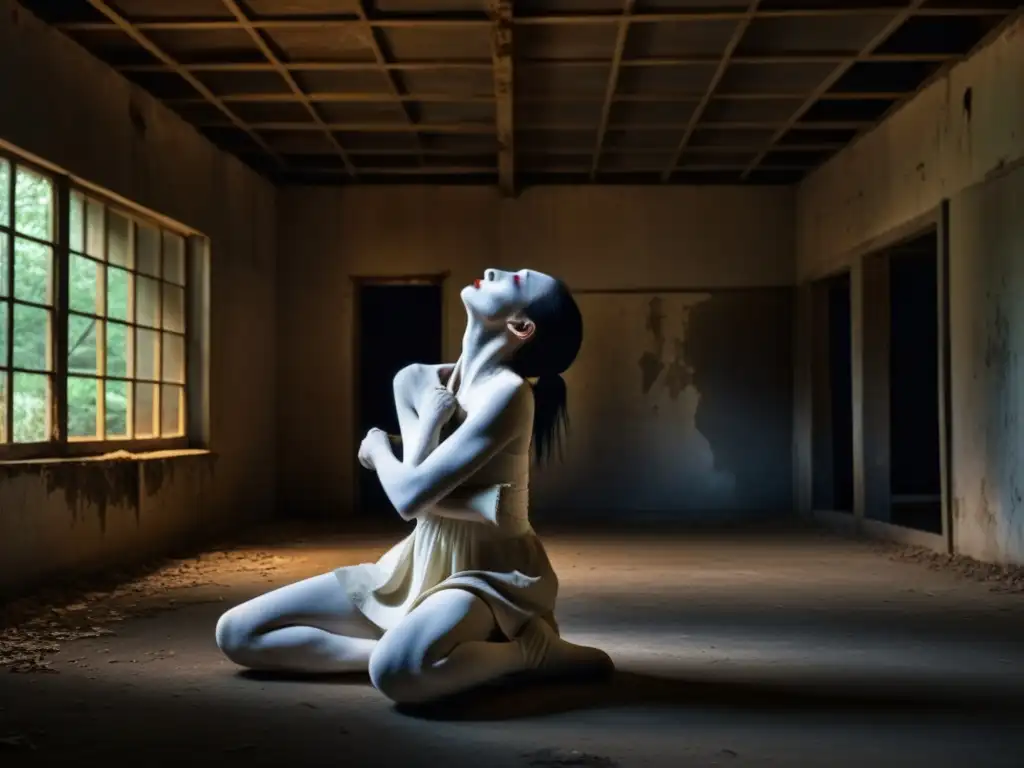 Imagen de un bailarín de Butoh en un edificio abandonado, expresando emociones en una pose surrealista