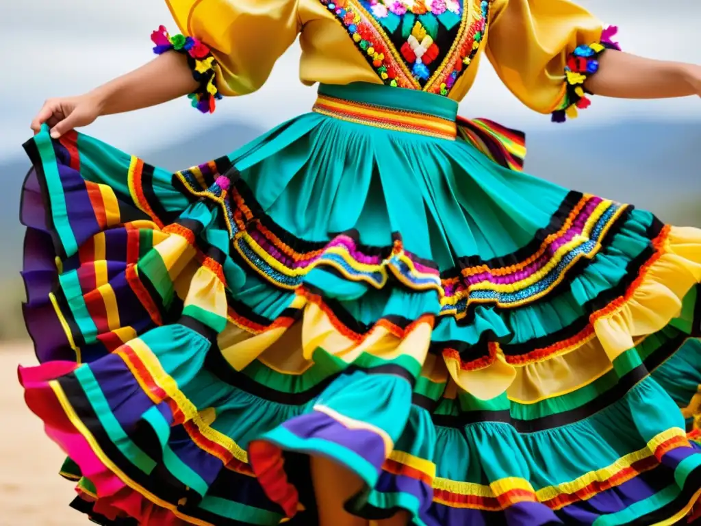 Imagen de un bailarín de folclore mexicano con un vibrante vestuario único, ricamente adornado y en movimiento