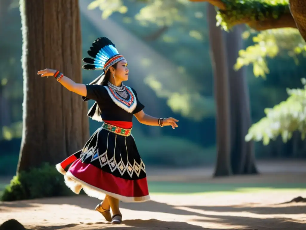 Imagen de un bailarín Mapuche en traje tradicional, ejecutando una danza poderosa y elegante en un claro iluminado por el sol, rodeado de árboles antiguos