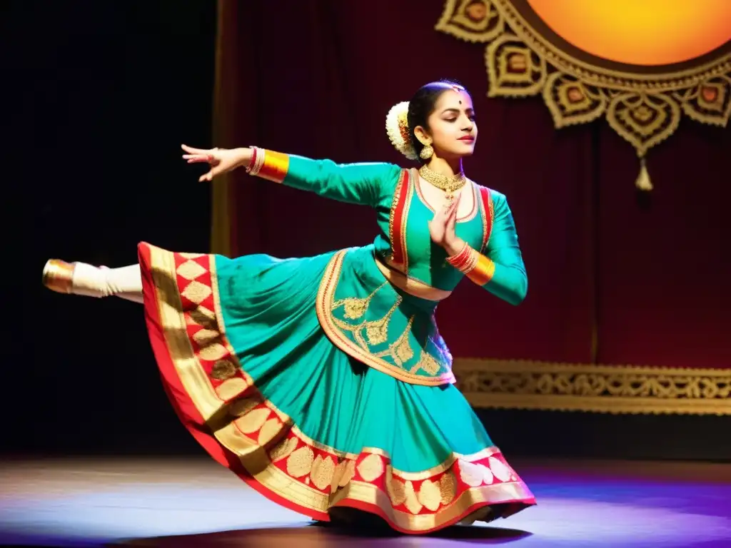 'Imagen de una bailarina de Kathak ejecutando gráciles movimientos y gestos en un escenario colorido, iluminado, evocando la danza clásica India'