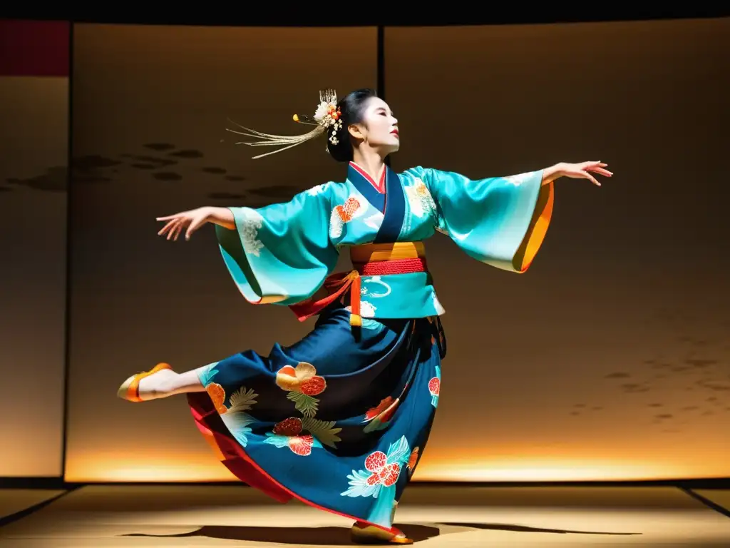 Imagen de bailarina Nihon Buyo con movimientos fluidos, vistiendo kimono vibrante en escenario japonés