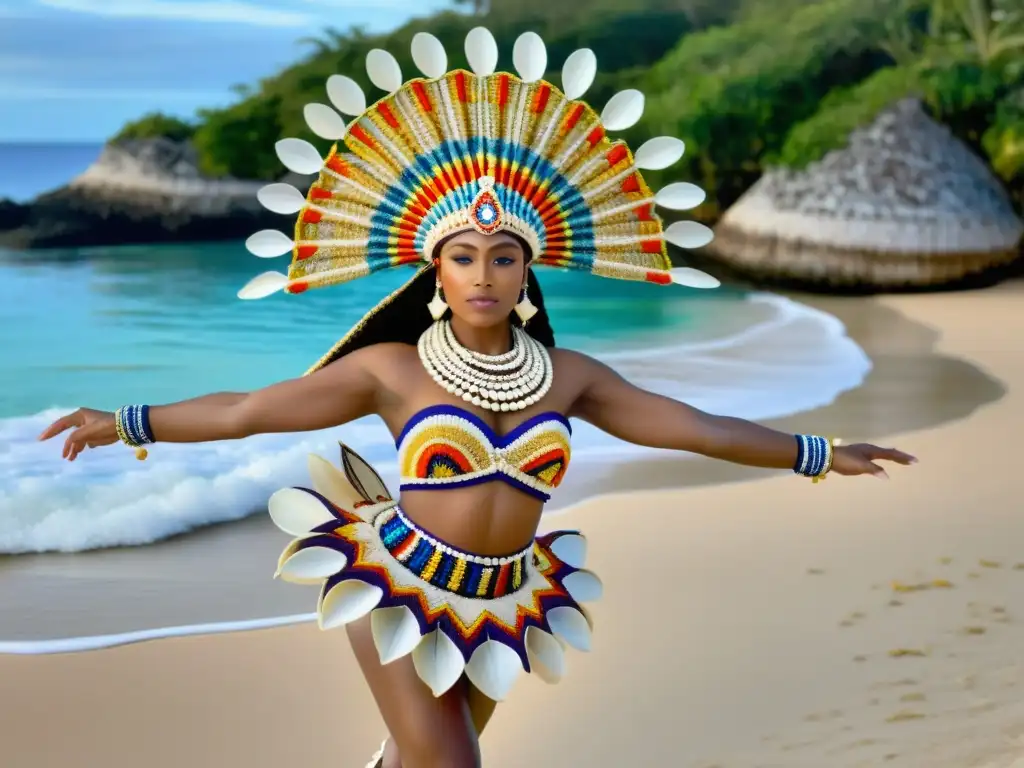 Imagen de una bailarina tradicional de Oceanía con vestimenta de danza adornada con conchas marinas, en una playa con aguas cristalinas