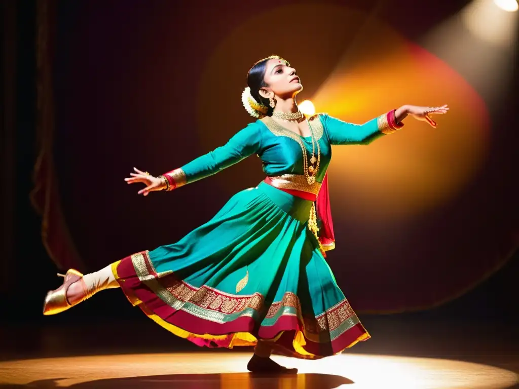 Una imagen de una bailarina de Kathak con trajes coloridos, moviéndose graciosamente en un escenario iluminado con cálidos focos