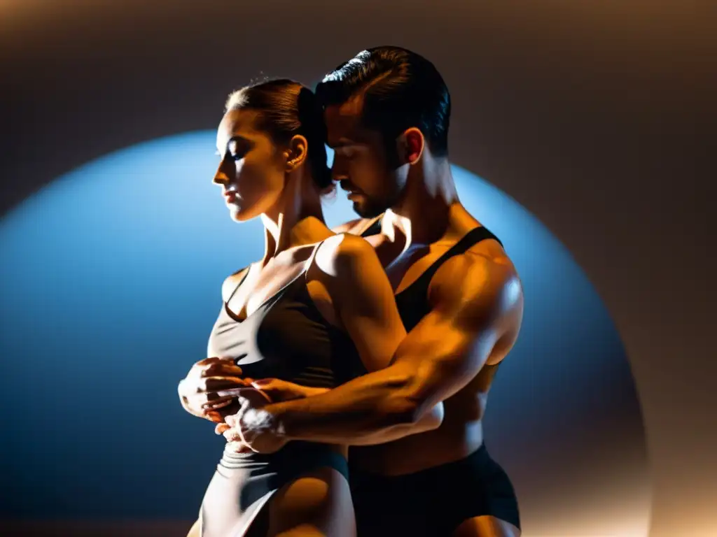 Imagen de dos bailarines en un abrazo cercano, ejecutando ejercicios de sincronización en danza en pareja con gracia y precisión