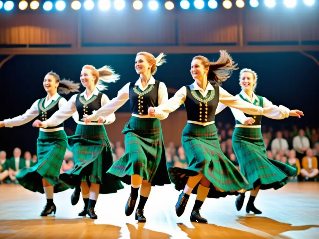 Imagen de bailarines escoceses ejecutando con maestría la técnica reel en una danza celta, transmitiendo pasión y energía