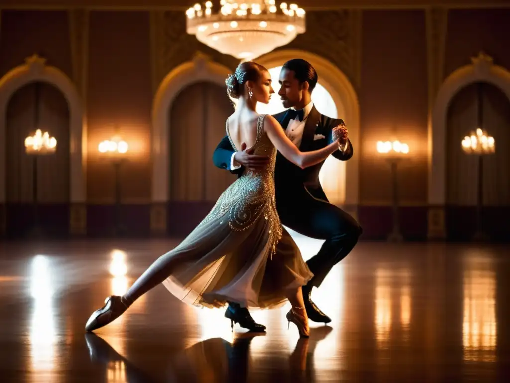 Imagen de dos bailarines gráciles ejecutando un vals perfecto en una elegante sala iluminada por candelabros