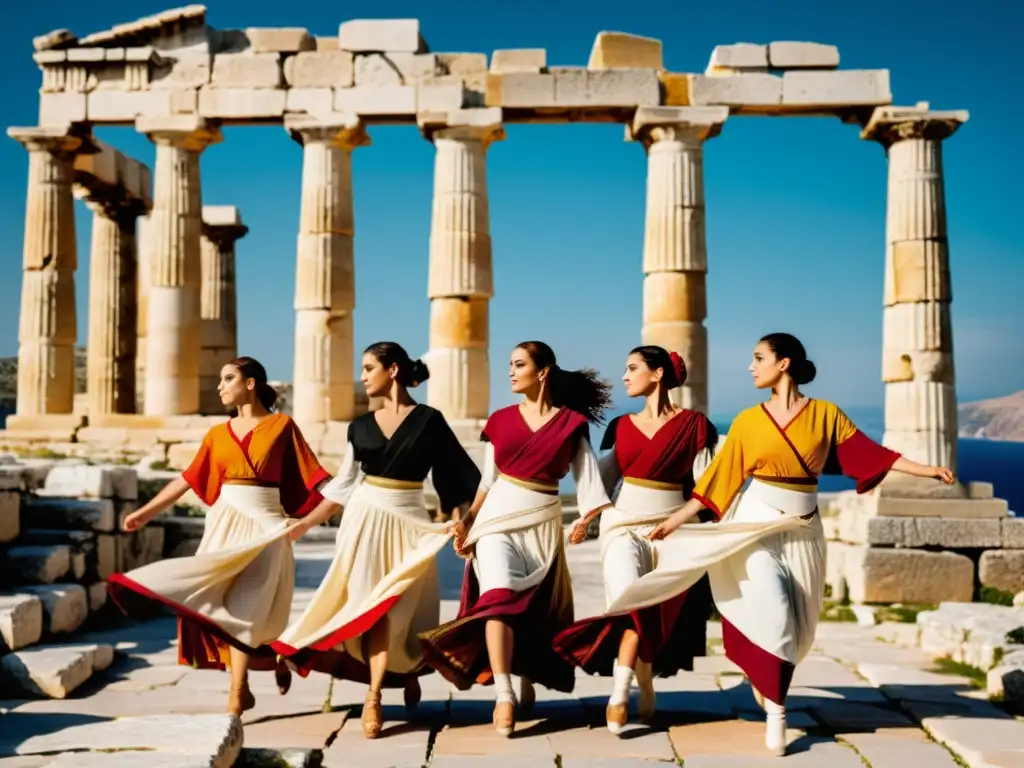 Imagen de bailarines helénicos en trajes tradicionales, danzando en armonía frente a ruinas antiguas