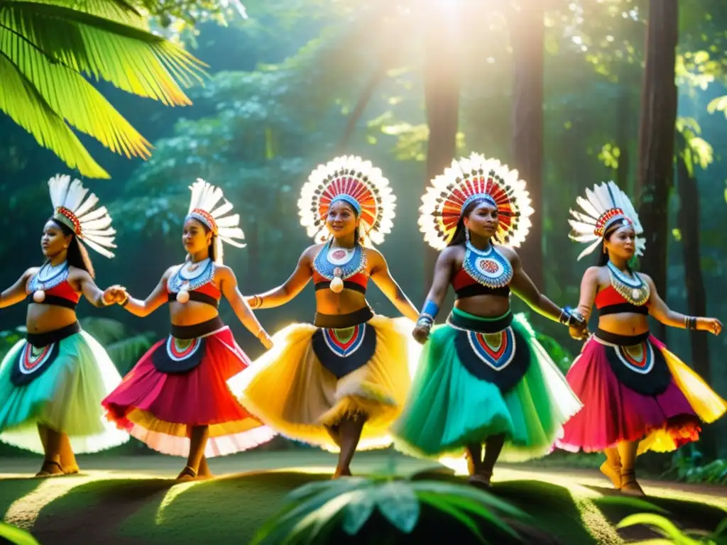 Imagen de bailarines indígenas ejecutando danza tradicional en trajes coloridos, rodeados de exuberante vegetación