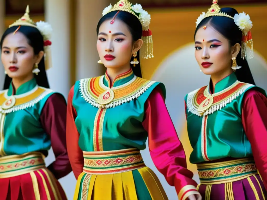 Imagen de alta resolución de bailarines laosianos en trajes tradicionales, mostrando el significado cultural de los trajes de danza laosianos